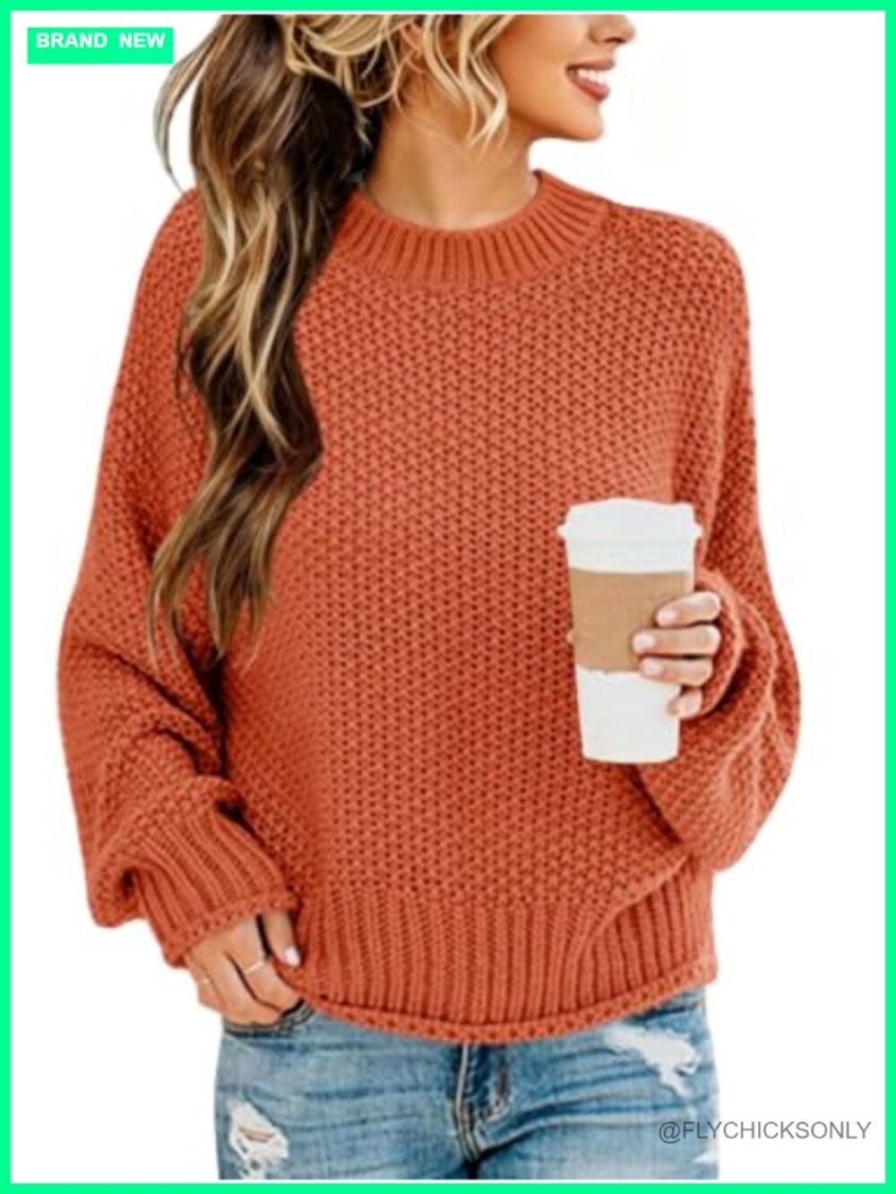 Womens Ribbed Knit Crewneck Long Sleeve Pullover Sweater Loose Fit